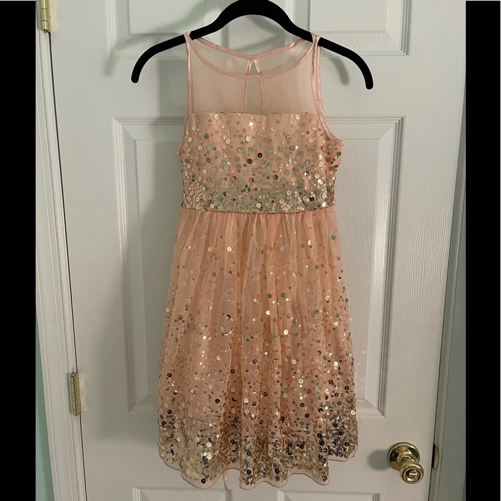 Peach and gold sequin dress